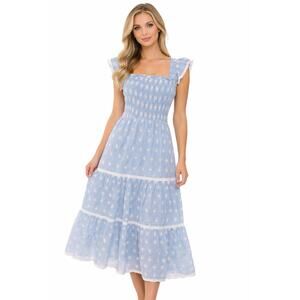 STS Sail To Sable Womens Floral Eyelet Tiered Lace Smocked Dress Blue Small